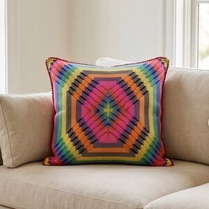 Ignite Colorful Woven Throw Pillow Cover Rainbow Geometric Beaded  20x20 NEW